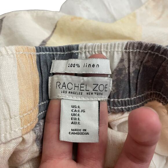 Rachel Zoe Linen Abstract Print Wide Leg Pants Elastic Waist Beige L - Picture 2 of 9